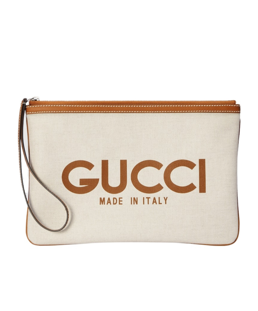 Gucci Logo-print Leather-trim Canvas Clutch In White