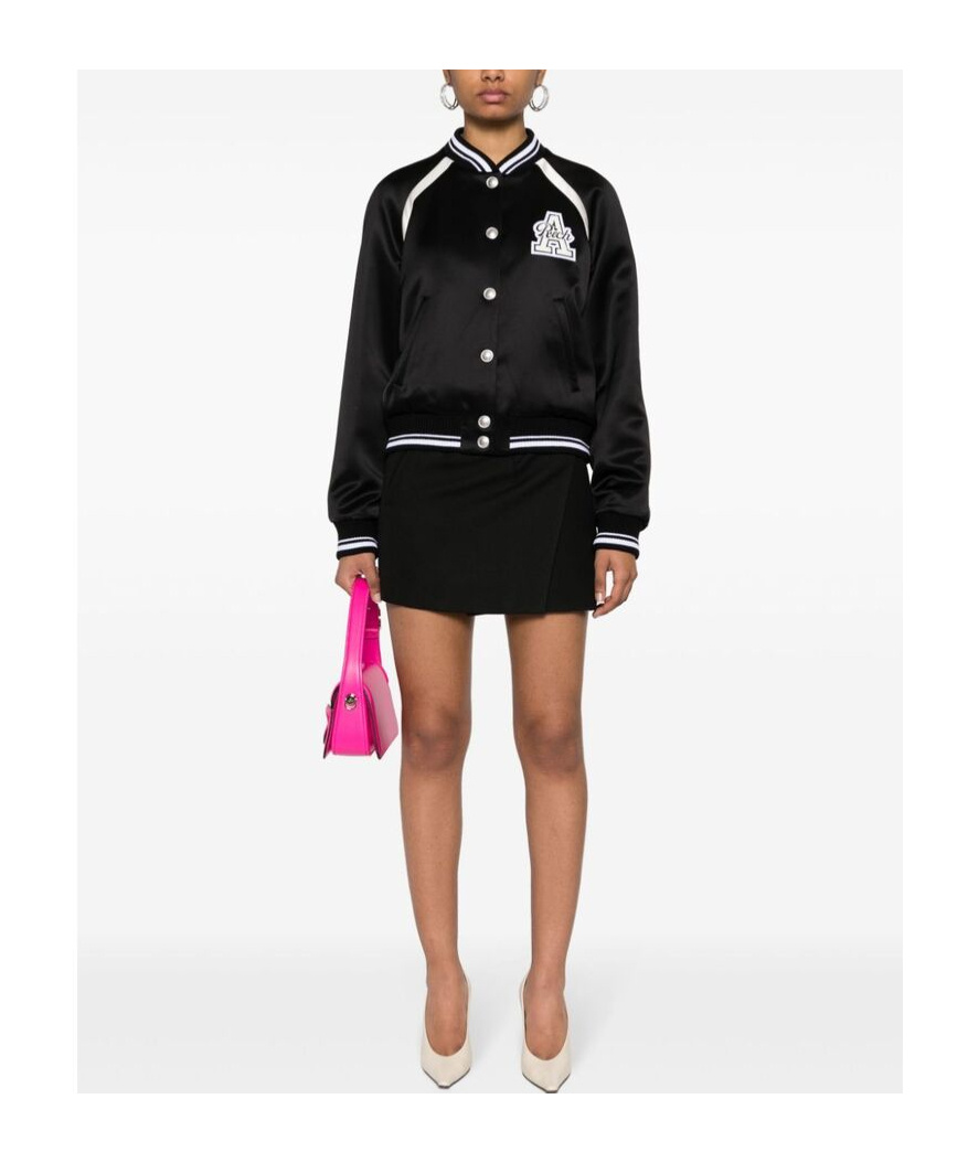 Alessandra Rich Satin Bomber Jacket With Logo Patch In Black