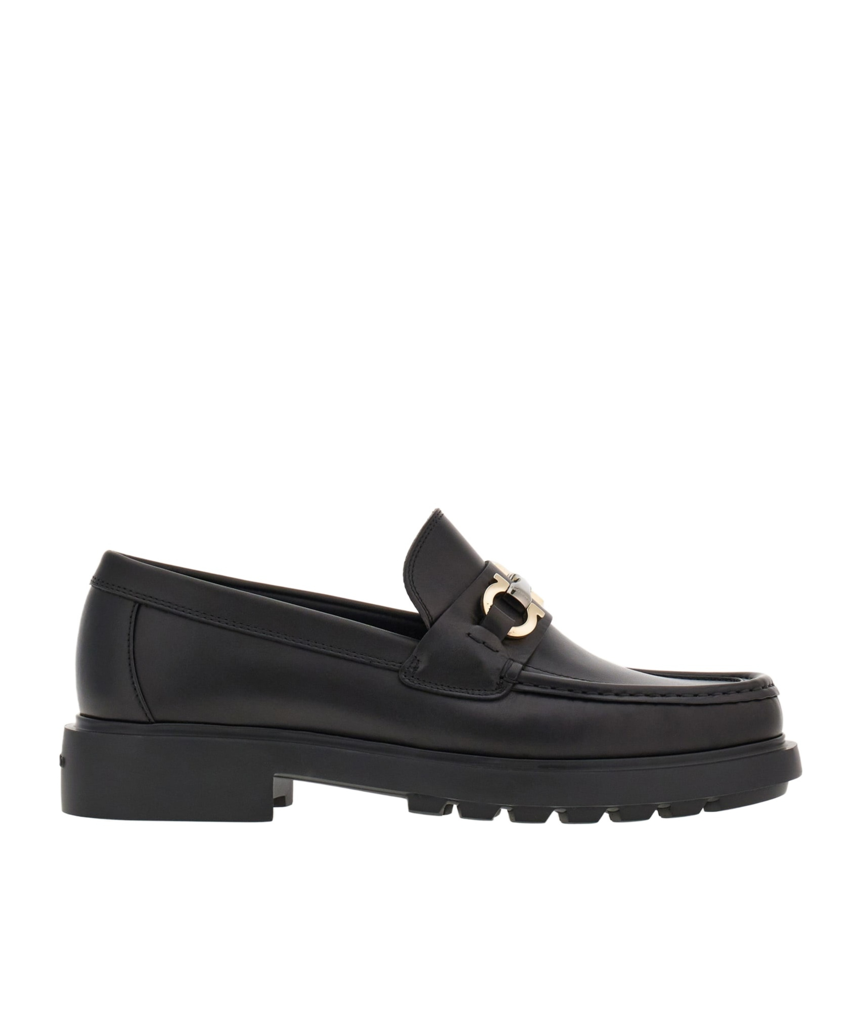 Ferragamo Leather Loafer With Gancini Metal Detail In Black