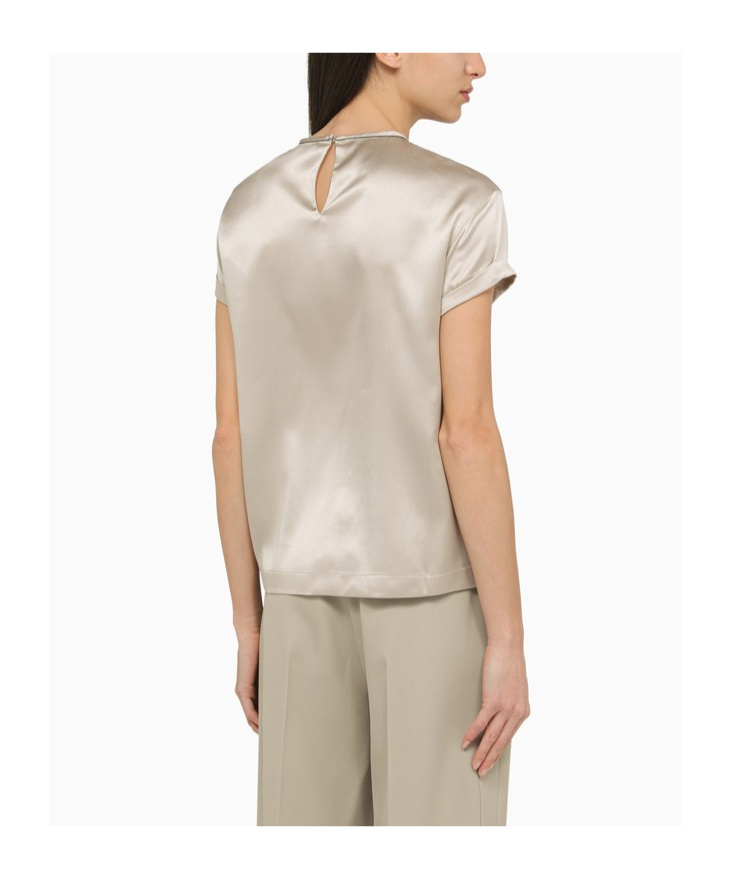 Brunello Cucinelli Elegant Stretch Silk Satin T-shirt With Jewel Accent In Gray