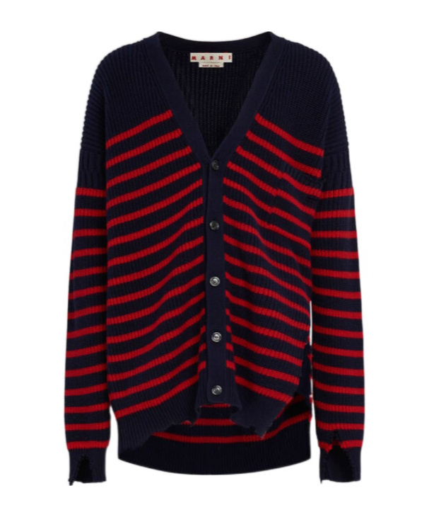 Marni Destroyed Effect Striped Cardigan In Black