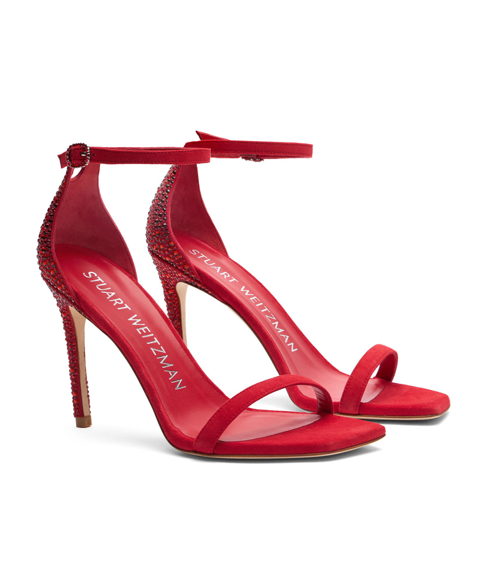 Stuart Weitzman Nudistcurve Royale 100mm Rhinestone-embellished Sandals In Red
