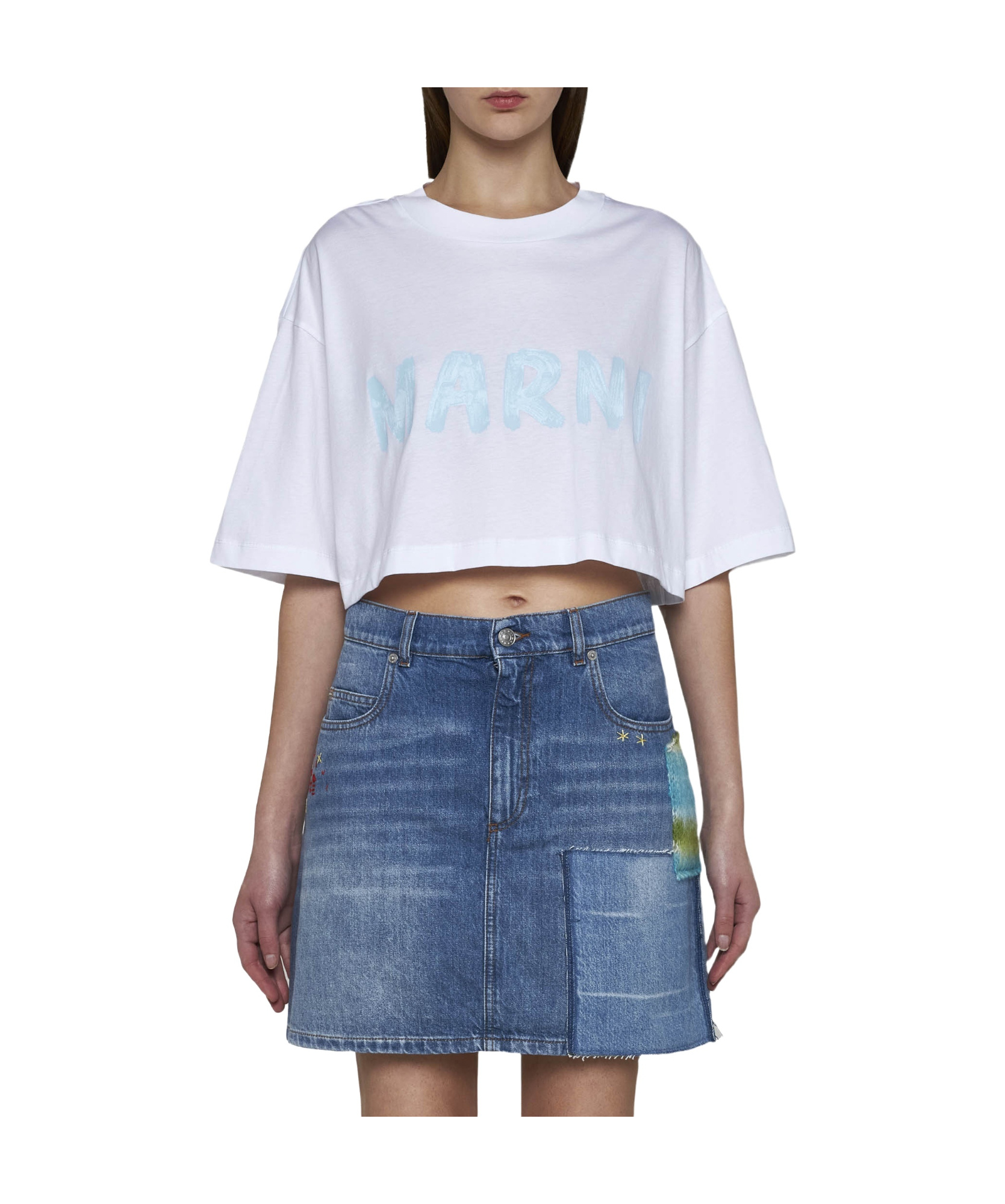 Marni Blue Paneled Denim Miniskirt In Blue