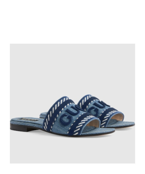 Gucci Jane Velvet-trimmed Embroidered Denim Slides In Blue