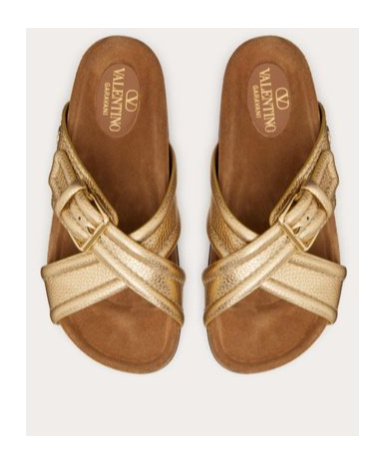 Valentino Garavani Fussfriend Slide Sandal In Metallic Grainy Calfskin 30mm Woman Gold 42 In Nude