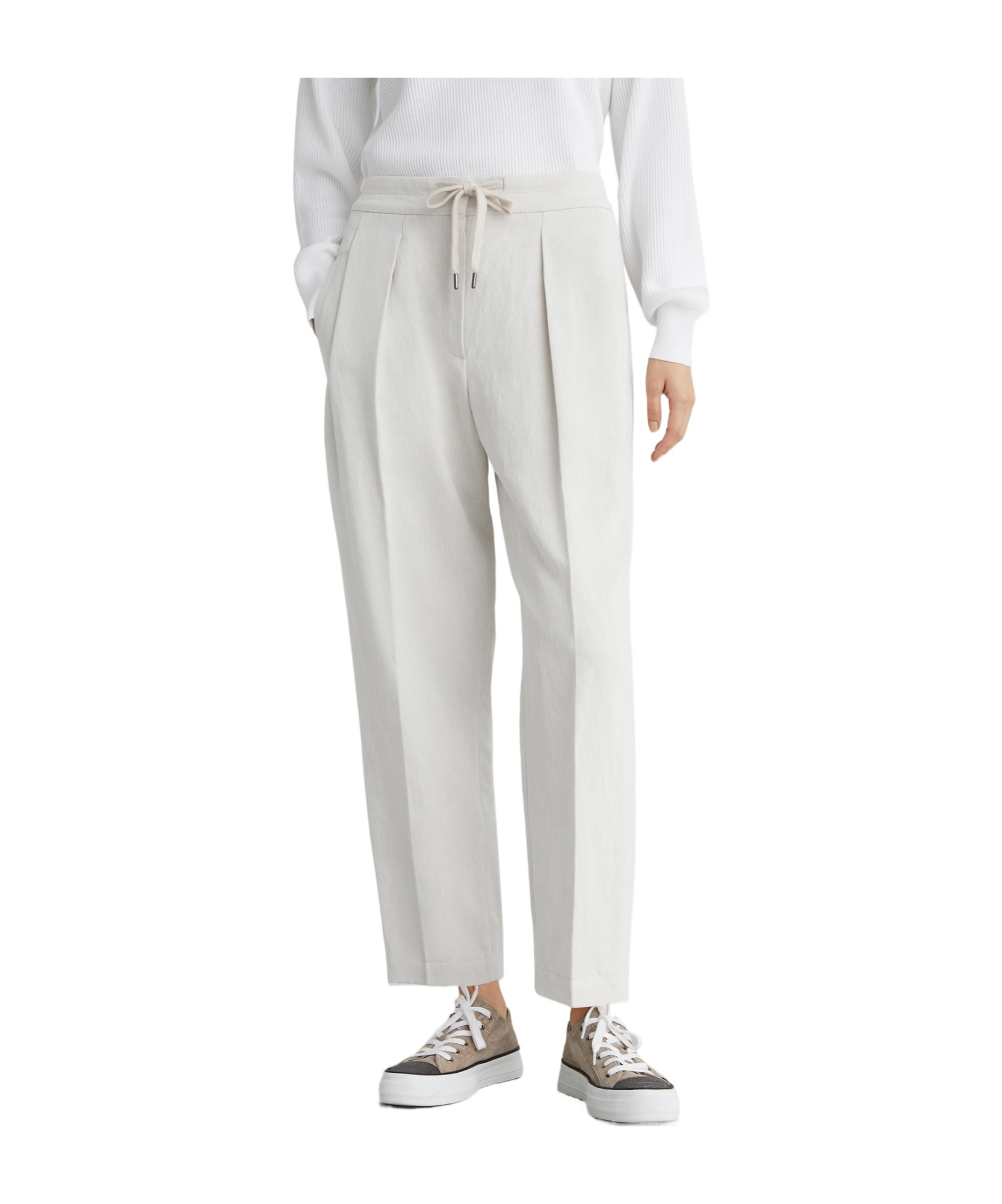 Brunello Cucinelli Relaxed-fit Trousers With High Waist And Drawstring Closure In White