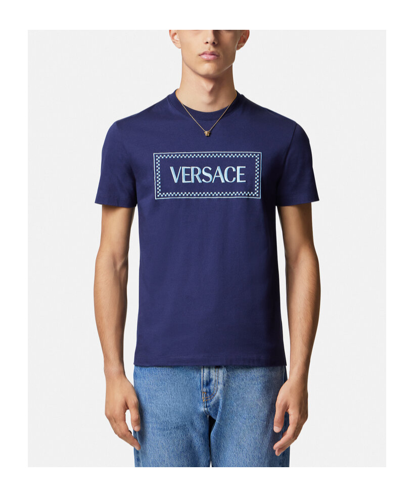 Versace Logo-print Cotton T-shirt In Blue