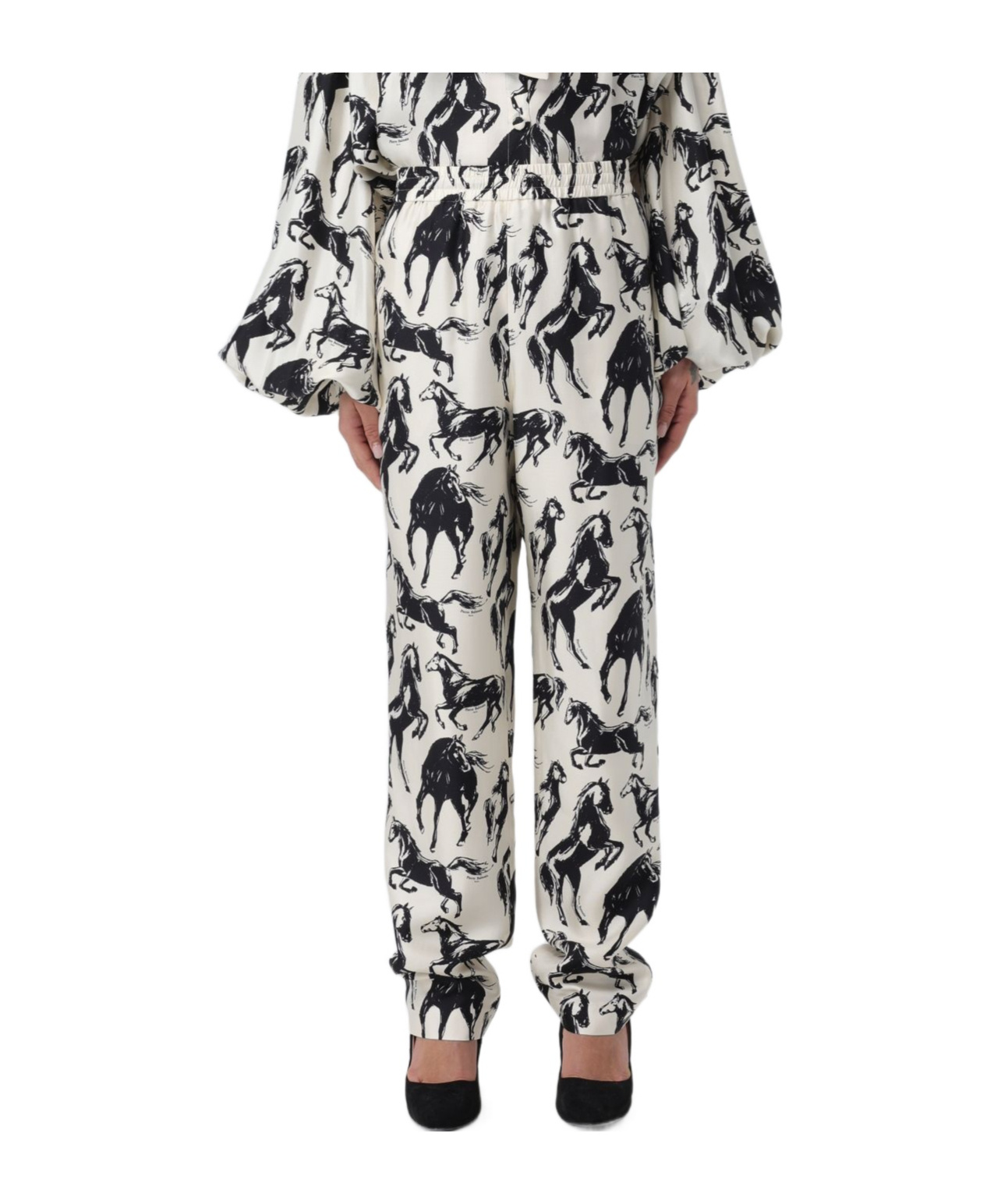 BALMAIN HORSE-PRINT SILK TAPERED TROUSERS 