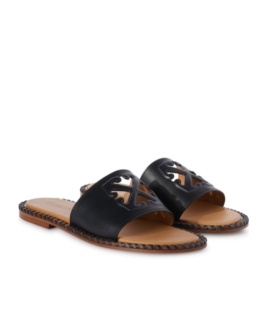 Off-white Twist Arrow Cut-out Leather Slides In Black