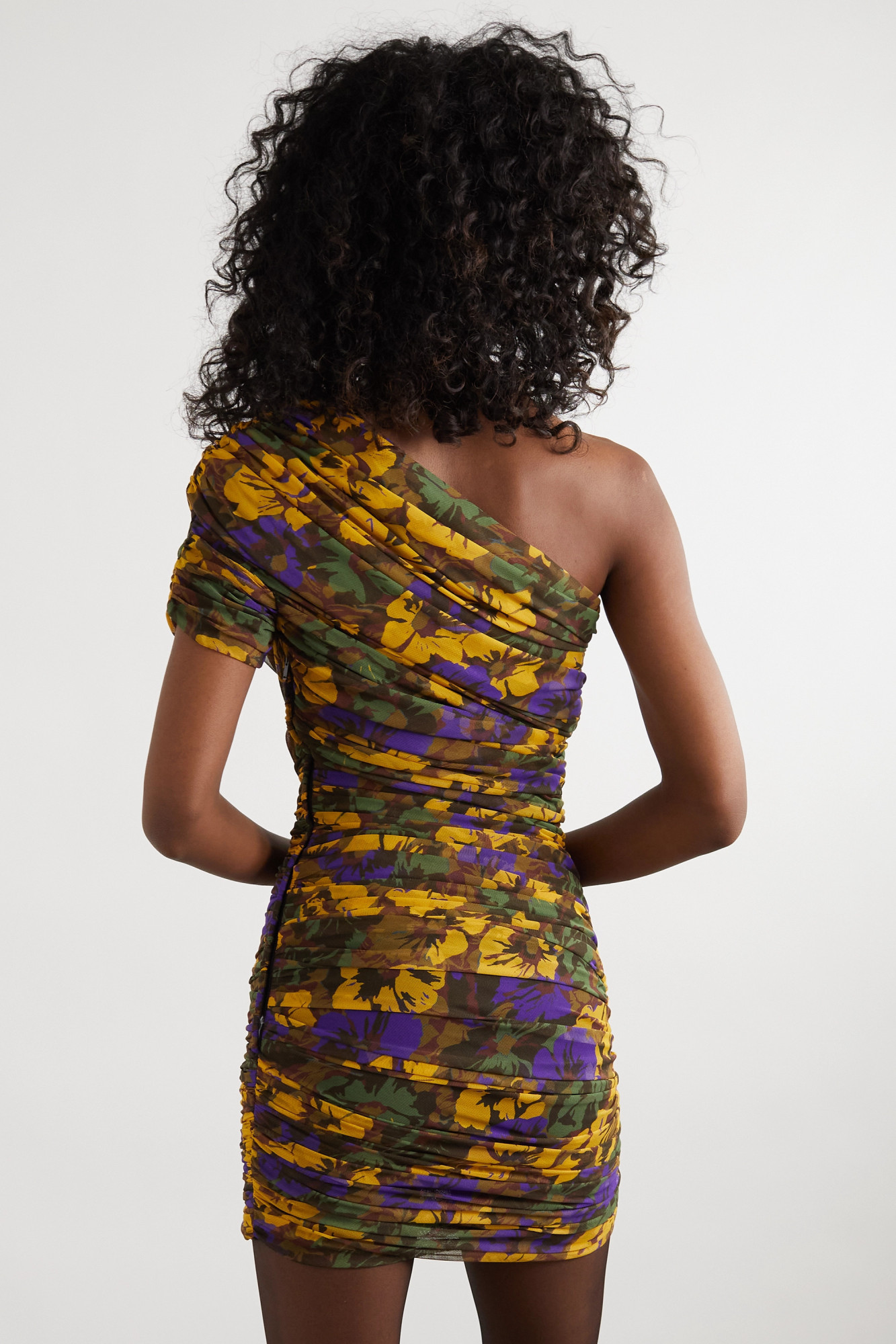 Saint Laurent One-shoulder Floral-print Ruched Tulle Mini Dress In Brown