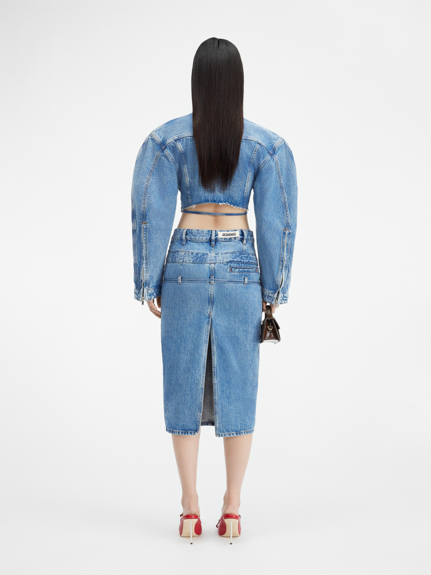 Shop Jacquemus Belted Denim Pencil Skirt In Blue