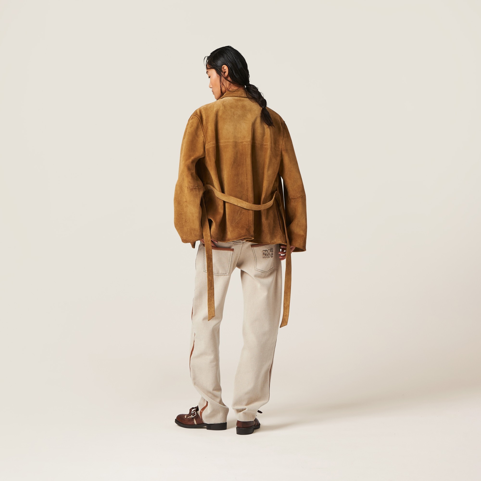 Miu Miu Leather-trim Canvas Trousers In Nude