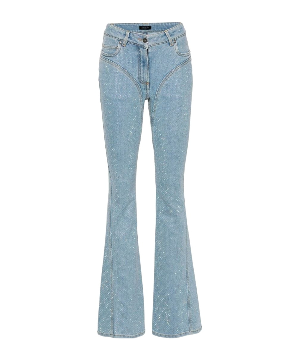 Mugler Stretch Denim Flared Pants W/crystals In Blue