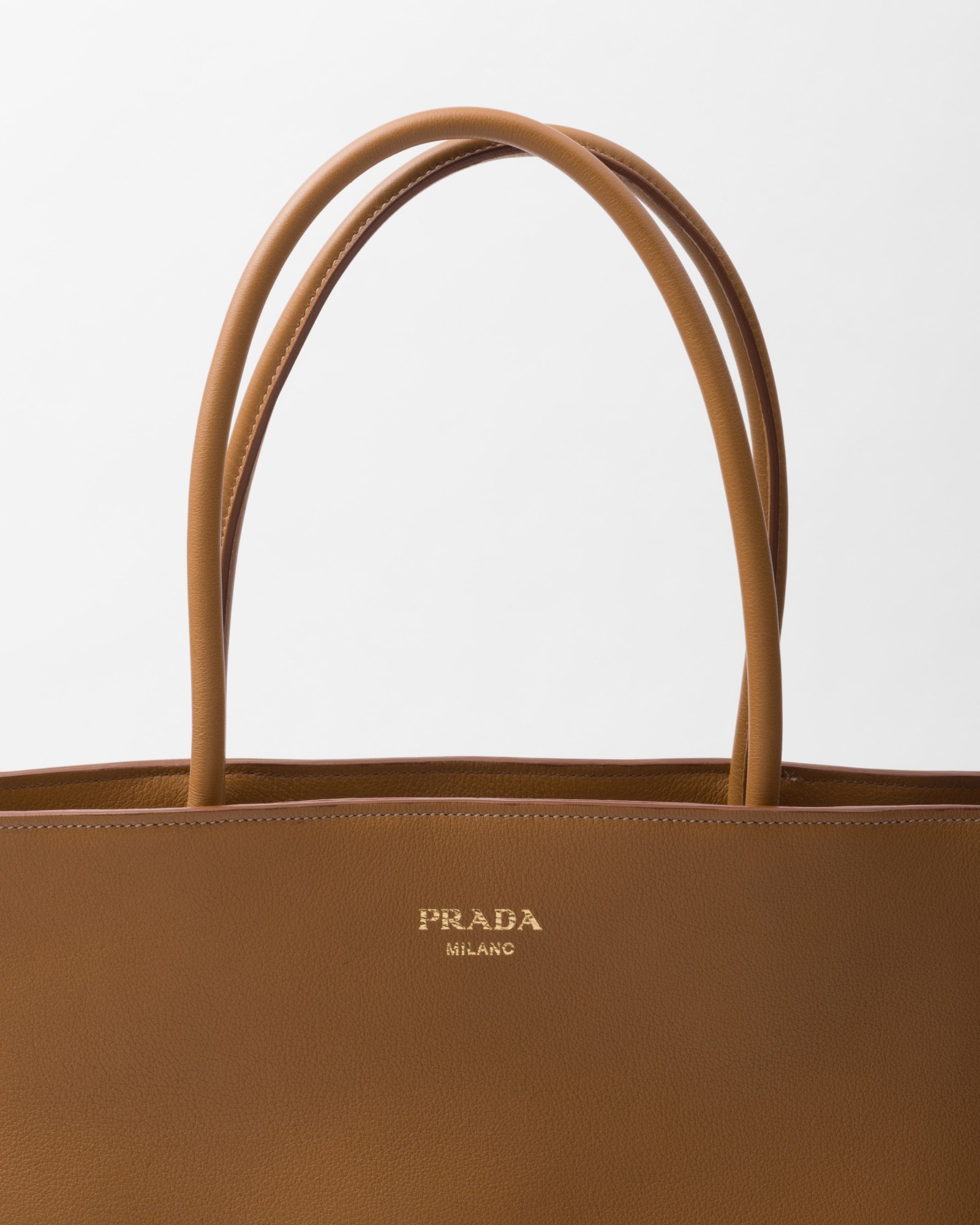 Prada Leather Shopping Bag With Structured Shape And Top Handles In Brown