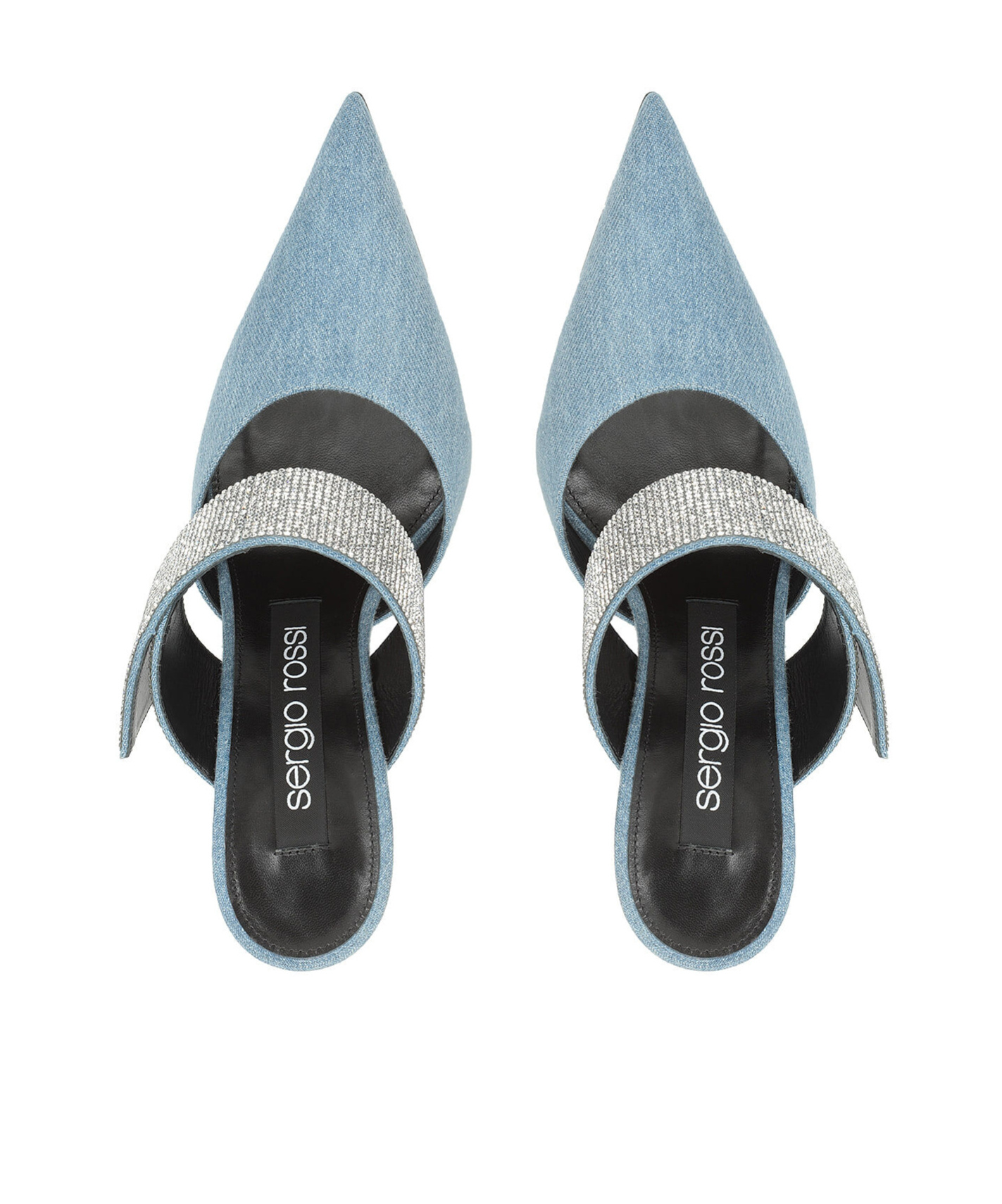 Sergio Rossi Stiletto Heel Denim Mules With Rhinestone Strap In Gray