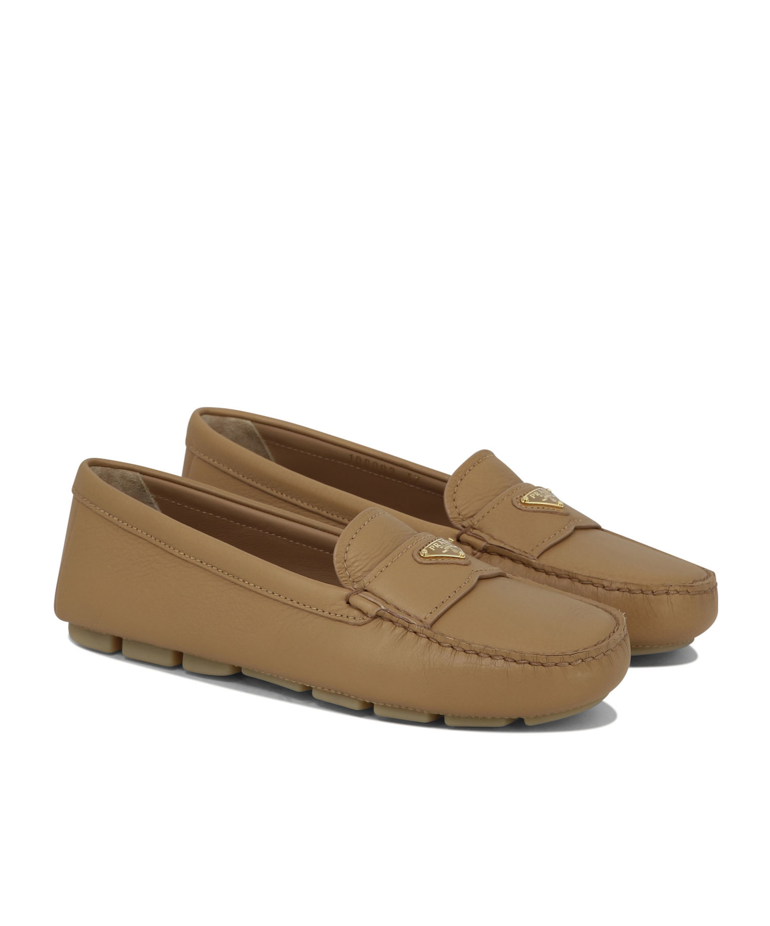 Prada Enamel Triangle-logo Leather Loafers In Nude