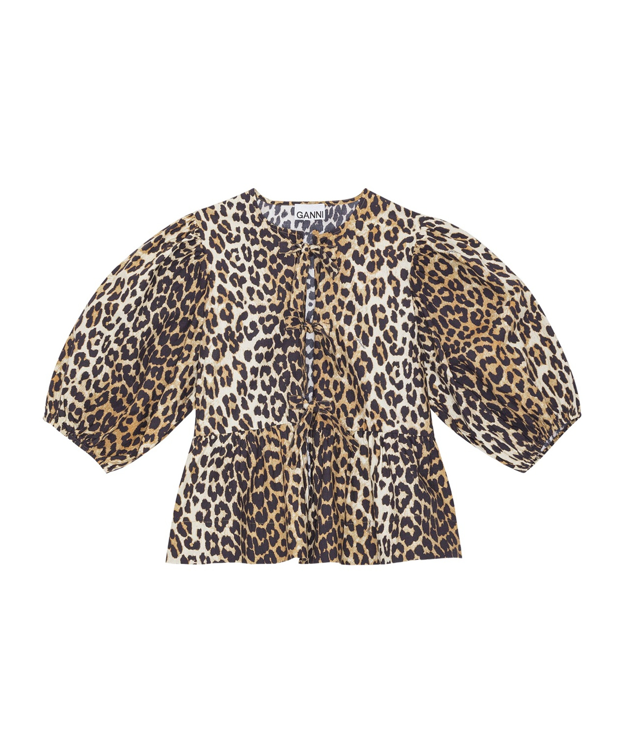 Ganni Women Leopard Cotton Poplin Peplum Tie Blouse In Animal Print