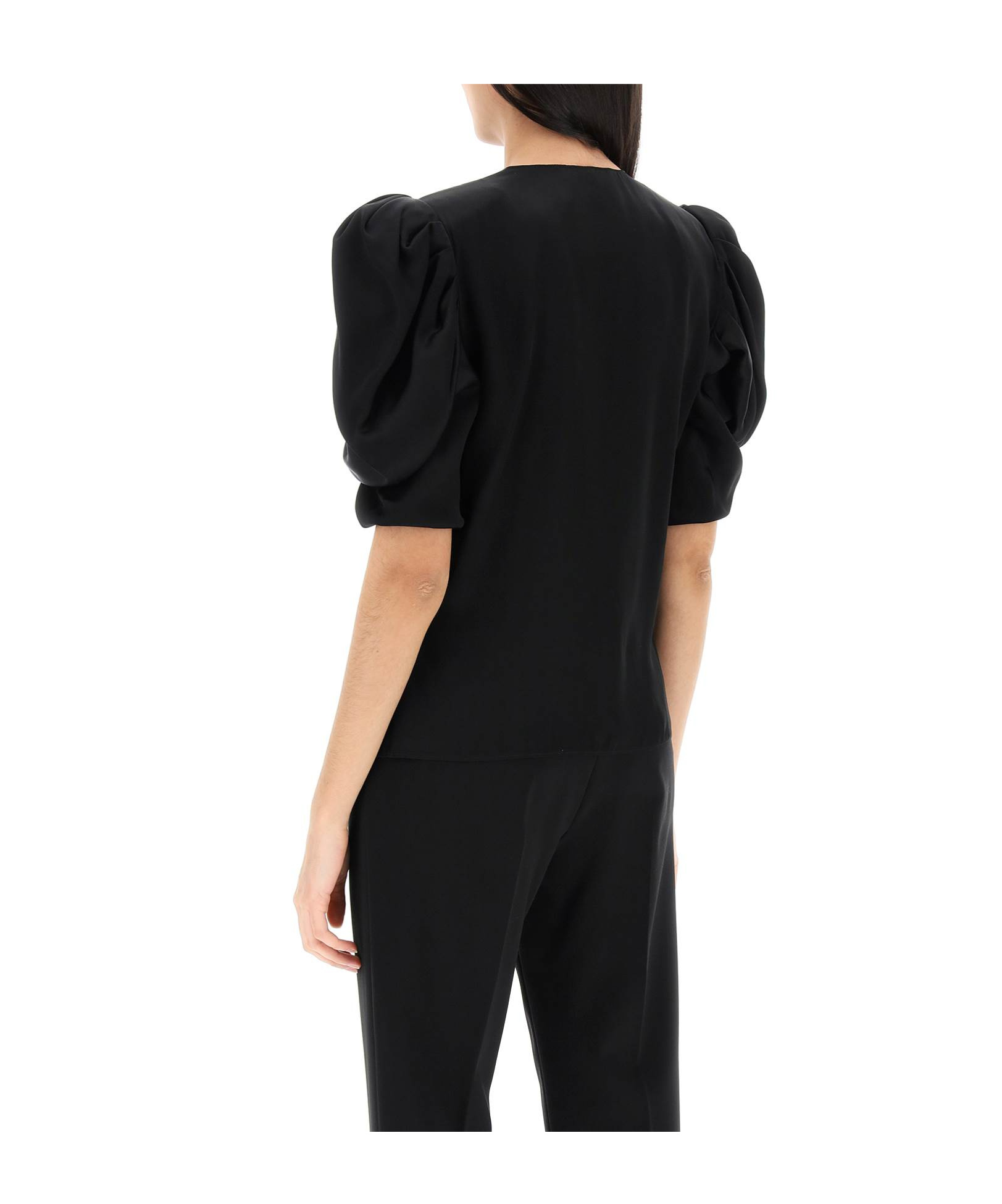 Alessandra Rich Envers Satin Blouse With Bouffant Sleeves In Black