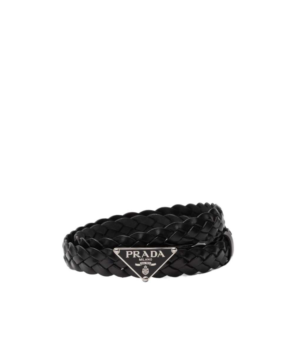 Prada Triangle Logo Braided Leather Belt In Black