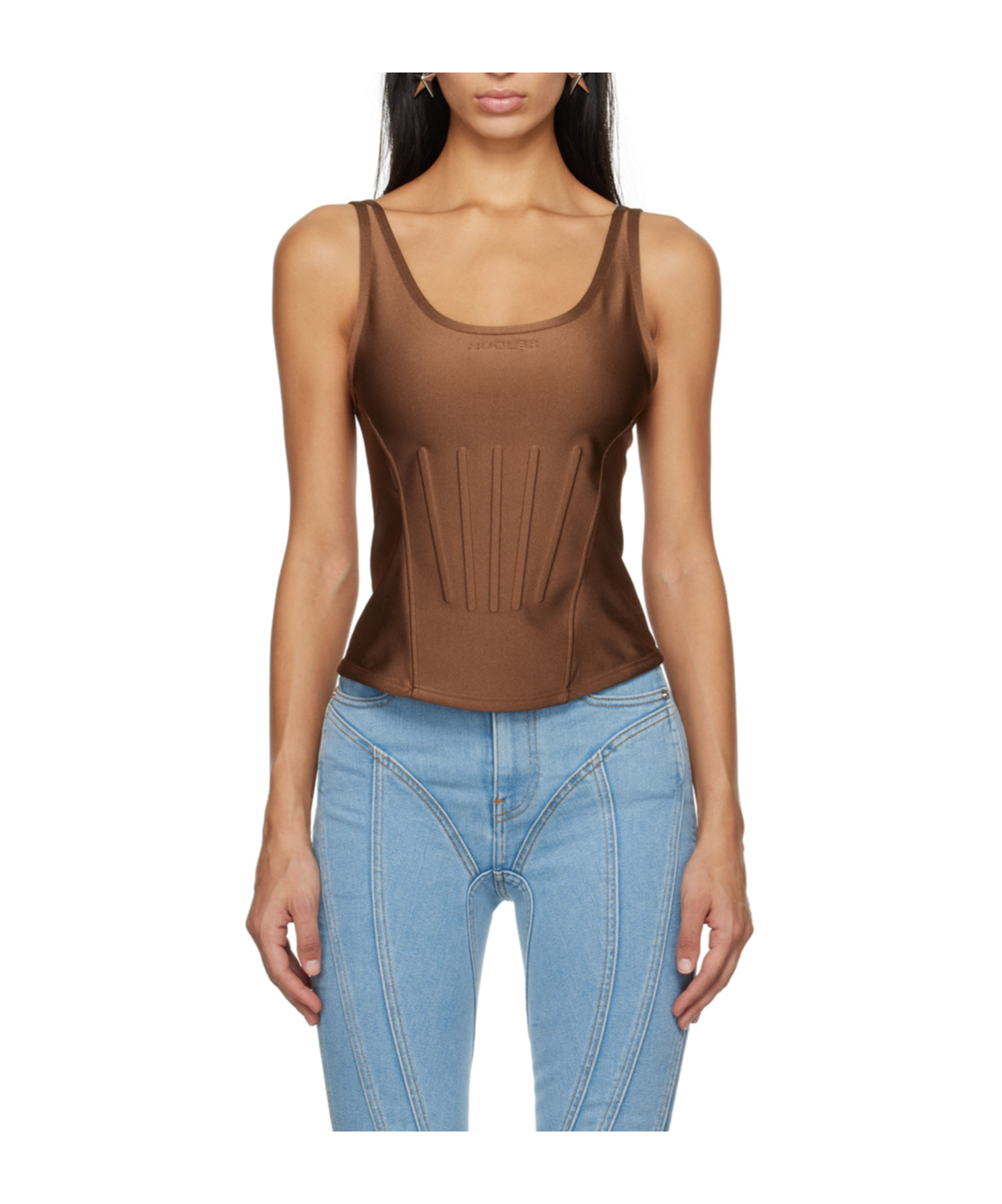 Mugler Embossed-logo Corset-style Top In Brown