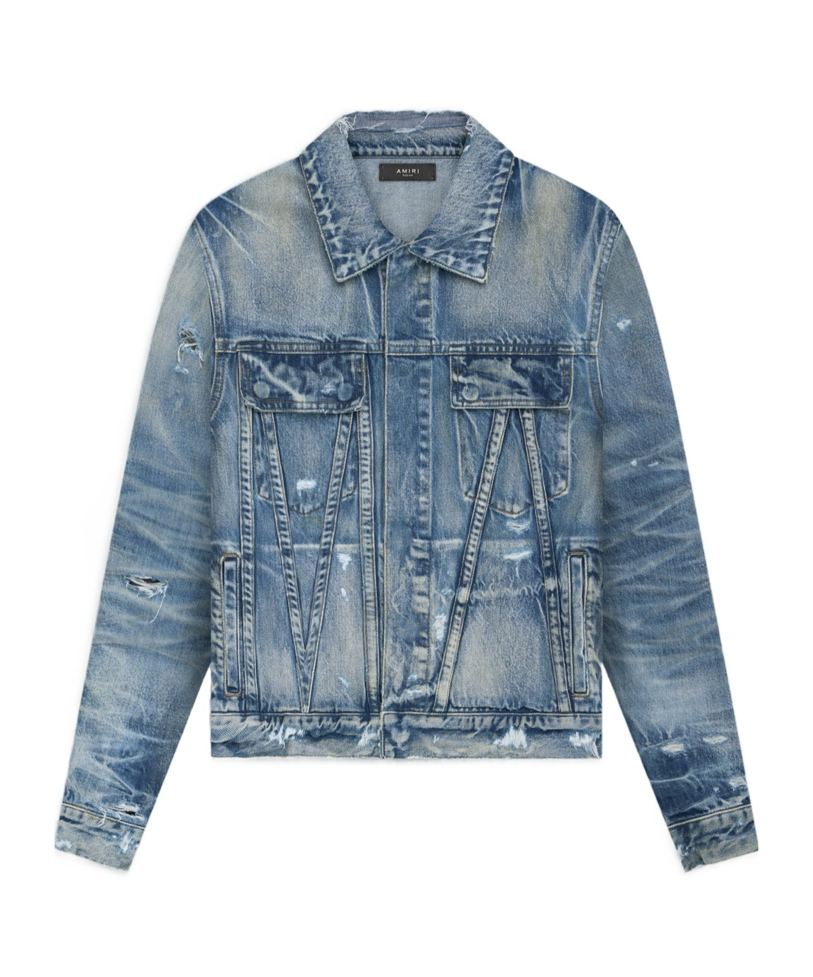 Amiri Ma Distressed Denim Trucker Jacket In Blue