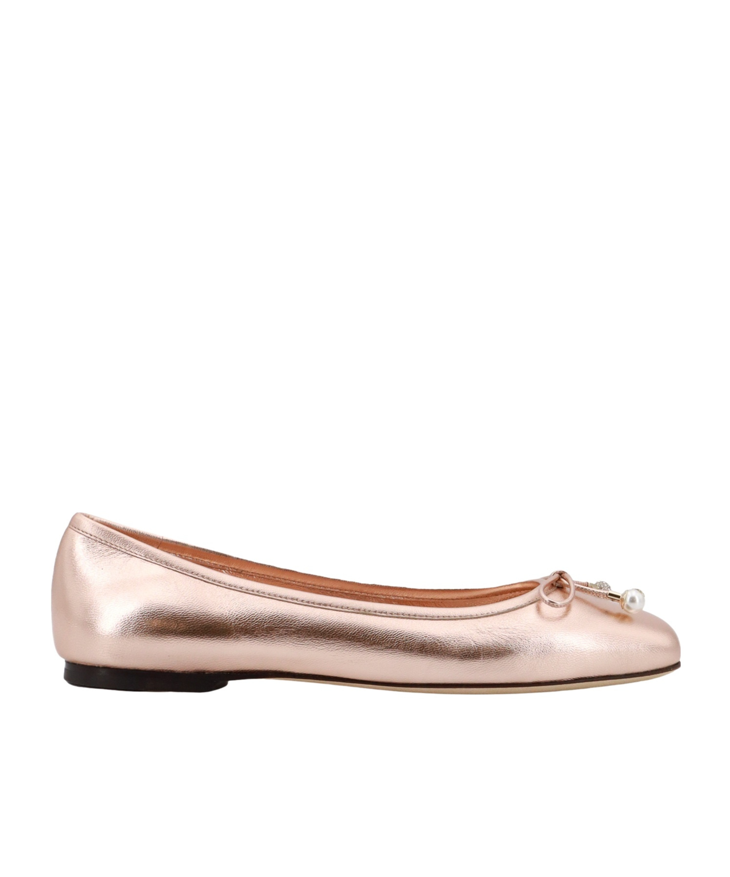 Jimmy Choo Powder Pink Metallic Leather Ballet Flats With Bow Detailing And Square Toe In Nude