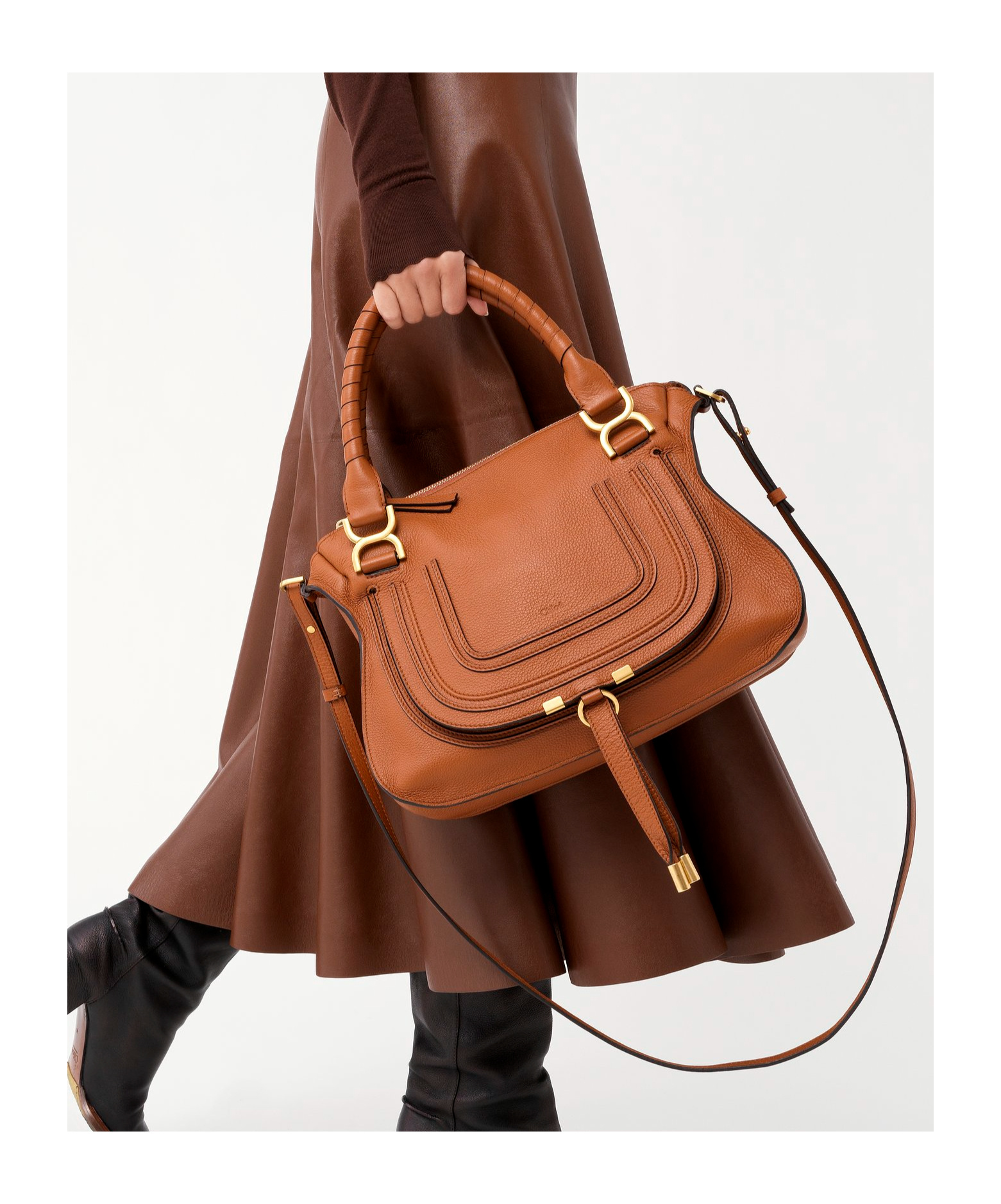 Chloé Marcie Mini Double Carry Leather Shoulder Bag In Brown