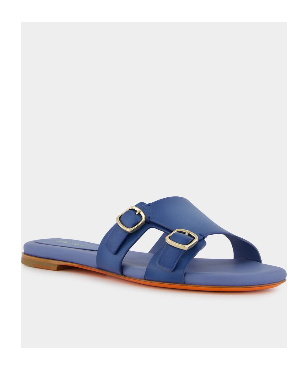 Shop Santoni Double-buckle Leather Slides In Blue