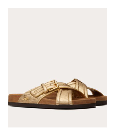 Valentino Garavani Fussfriend Slide Sandal In Metallic Grainy Calfskin 30mm Woman Gold 42 In Nude
