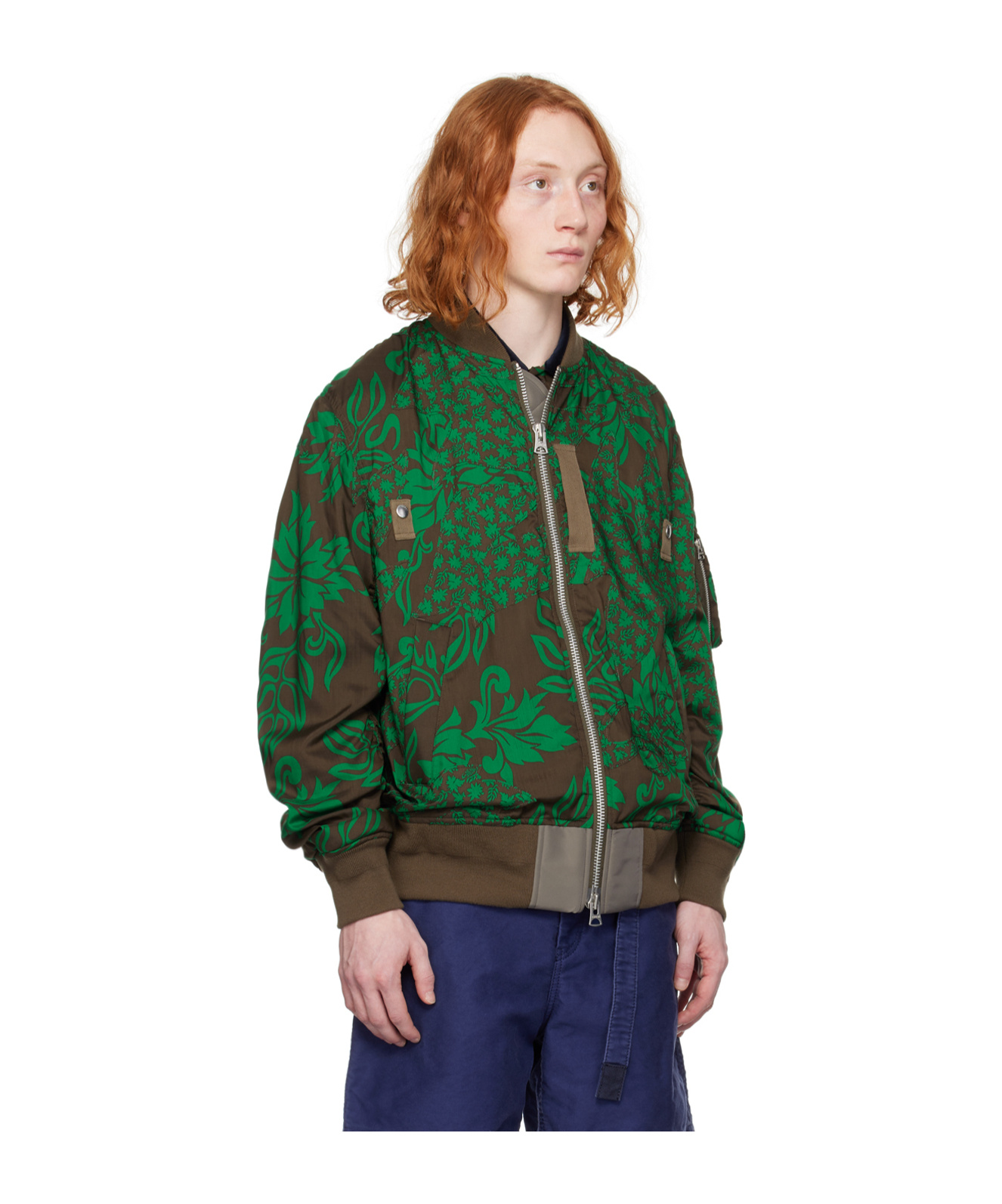 Sacai Brown & Green Floral Bomber Jacket In Multicolor