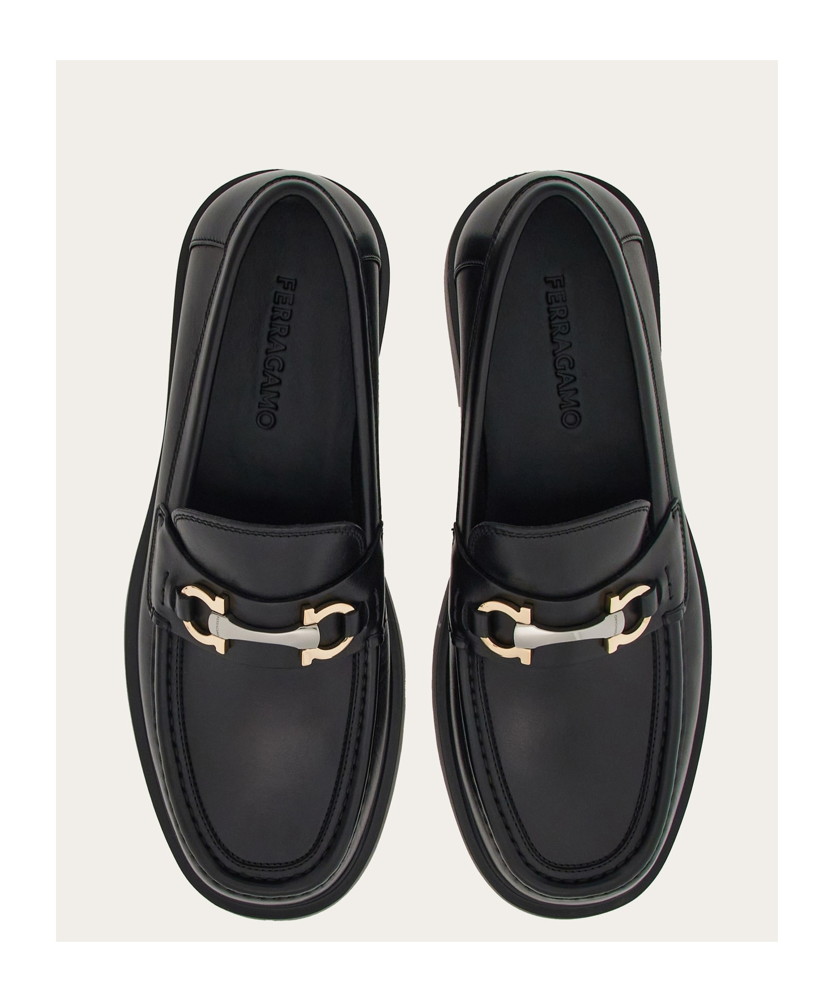 Ferragamo Leather Loafer With Gancini Metal Detail In Black