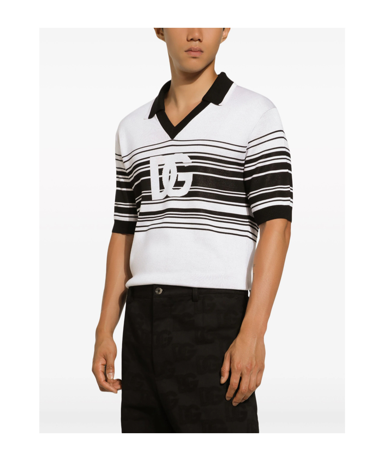 Dolce & Gabbana Stripe-print Silk Polo Shirt In White
