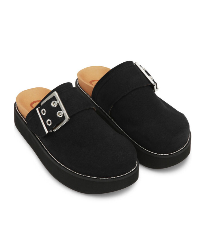 Shop Ganni Black Suede Feminine Buckle Mules