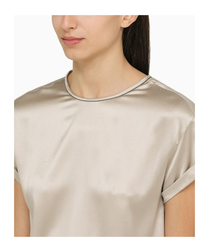 Brunello Cucinelli Elegant Stretch Silk Satin T-shirt With Jewel Accent In Gray