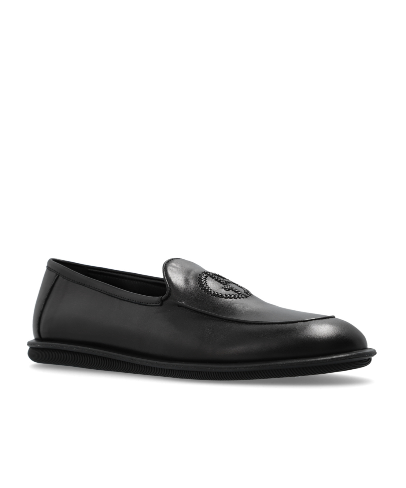 Giorgio Armani Official Store Vintage Nappa Leather Loafers With Embroidered Logo In Black