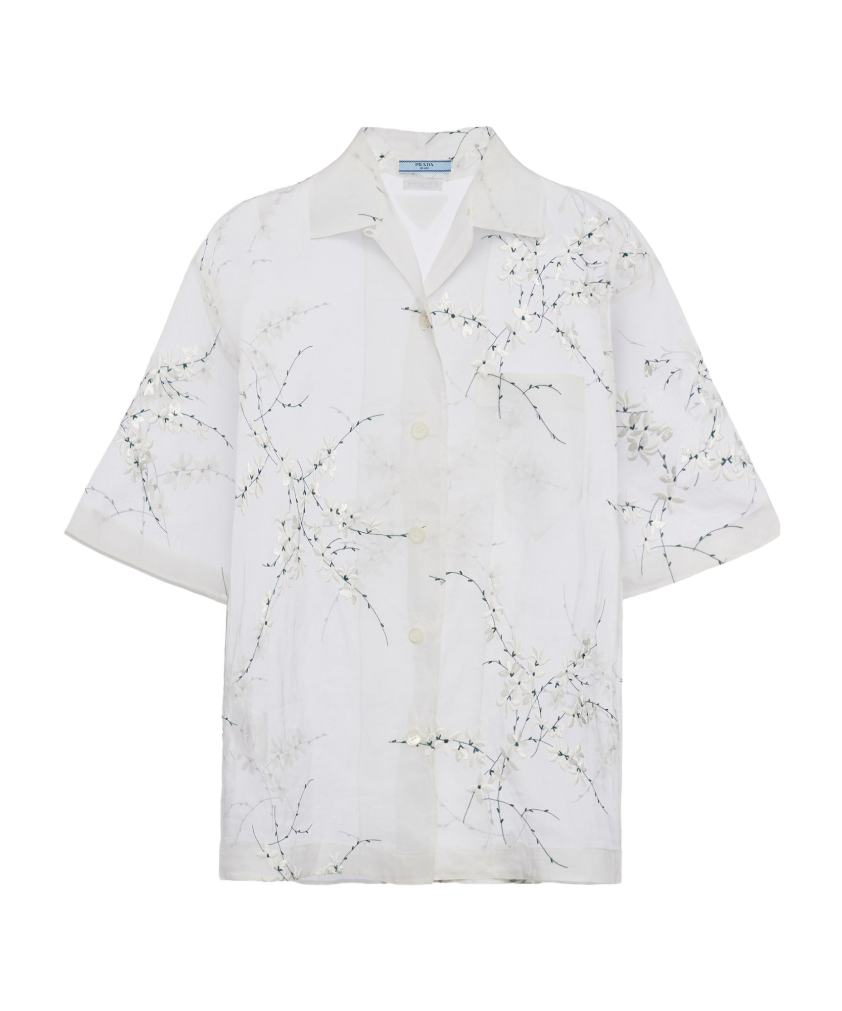 Prada Floral-embroidered Short-sleeved Sheer Shirt In Animal Print