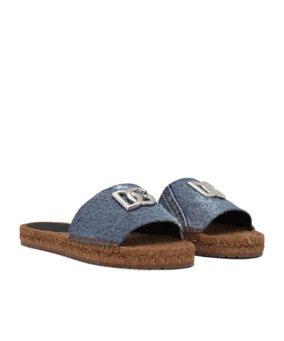 Dolce & Gabbana Patchwork Denim Dg Logo Flat Slides In Multicolor