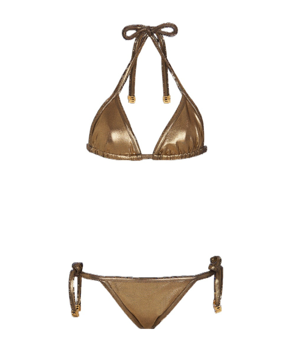 Balmain Metallic Triangle Bikini Set In Green