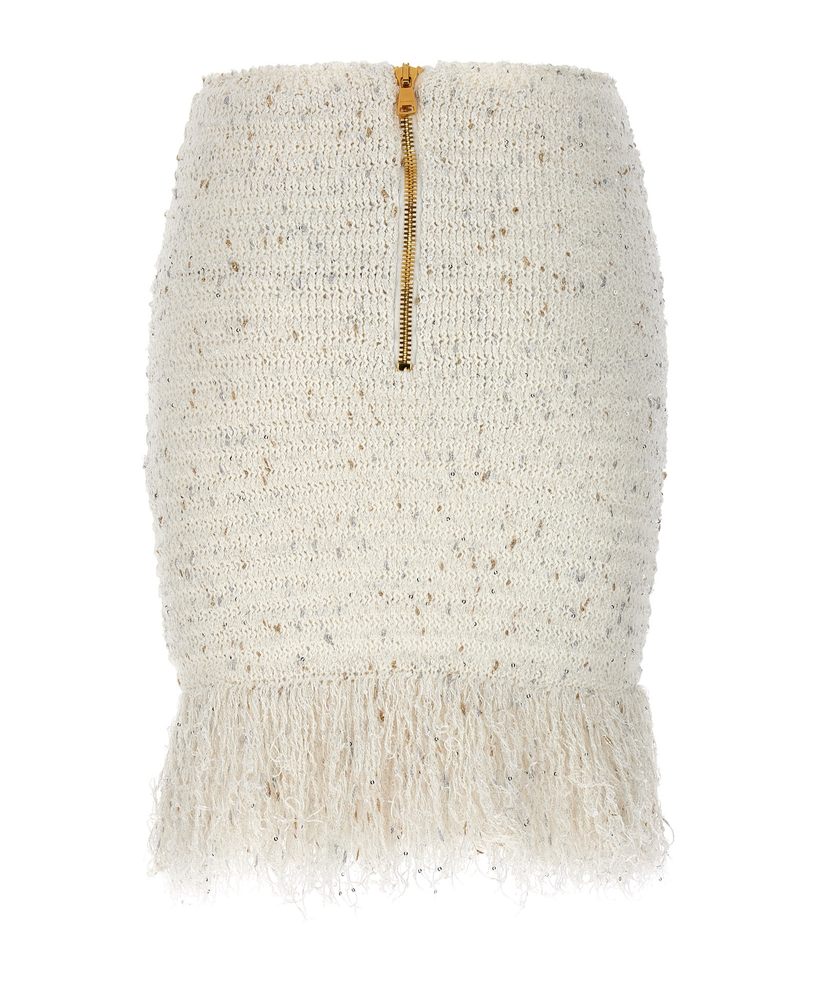Balmain Tweed Skirt With Fringed Hem And Gold-tone Buttons In Nude