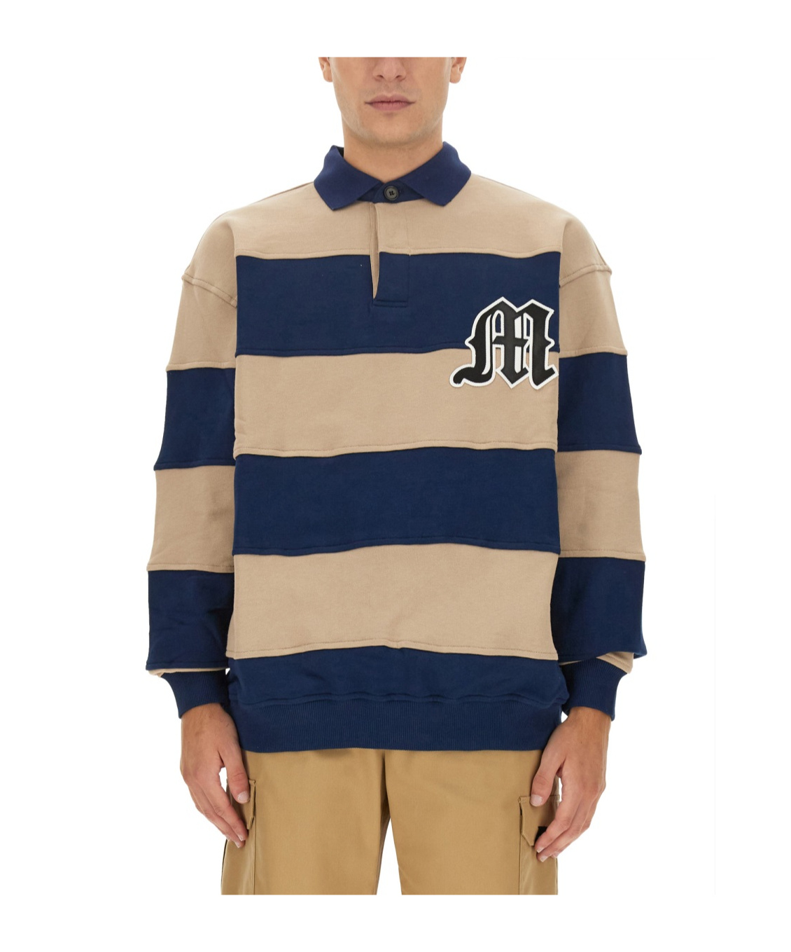 Msgm Logo Striped Polo Collar Sweatshirt In Nude