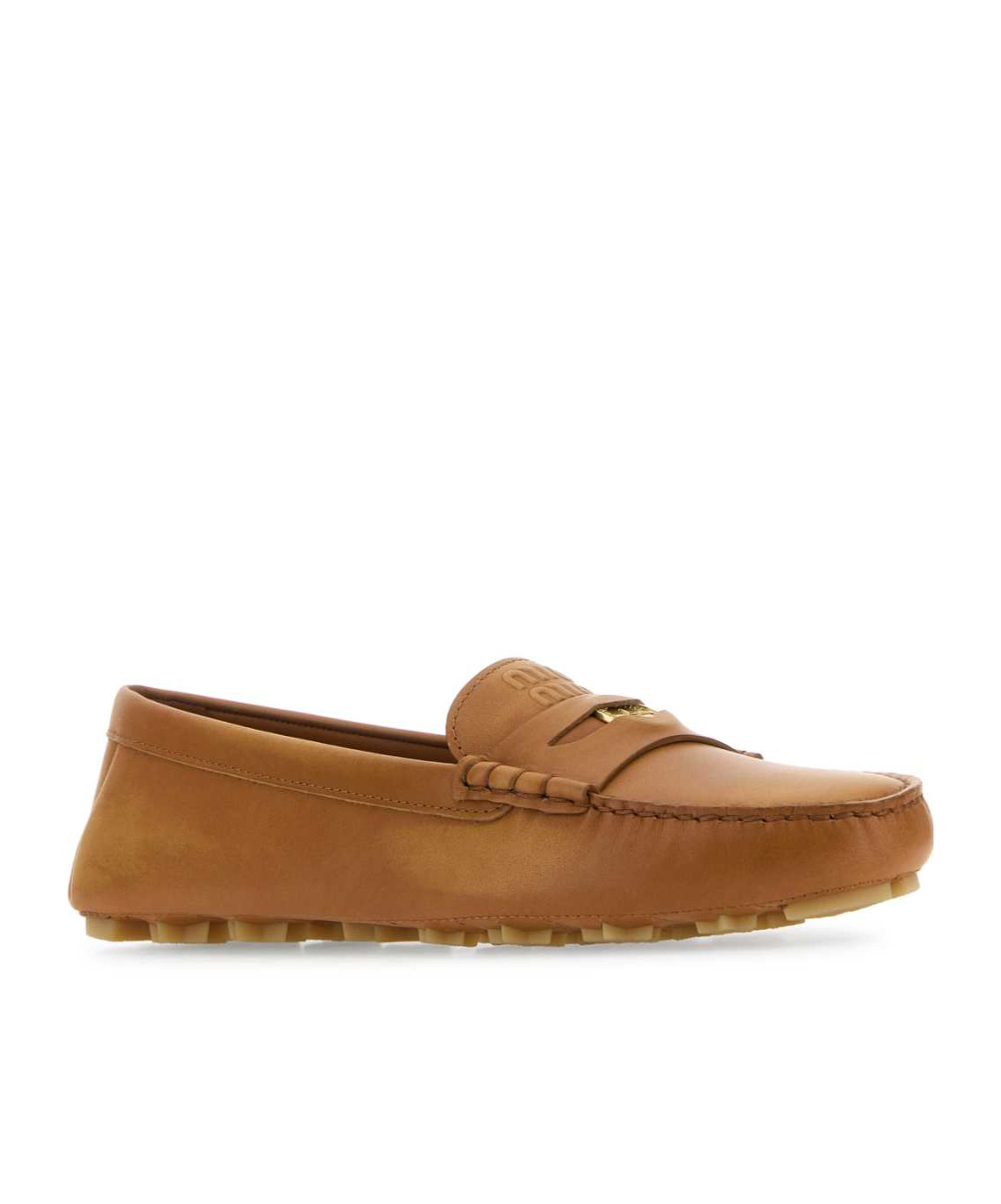 Miu Miu Woman Camel Leather Loafers In Brown