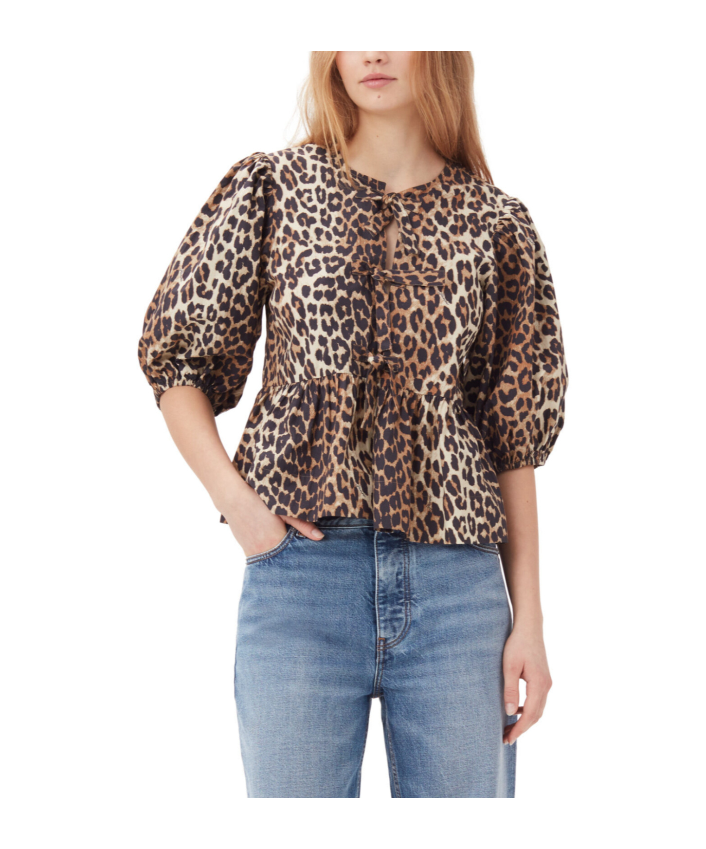 Ganni Women Leopard Cotton Poplin Peplum Tie Blouse In Animal Print