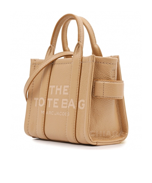 Marc Jacobs 'the Mini Tote' Beige Tote Bag With Logo Lettering On The Front In Grained Leather Woman In Nude