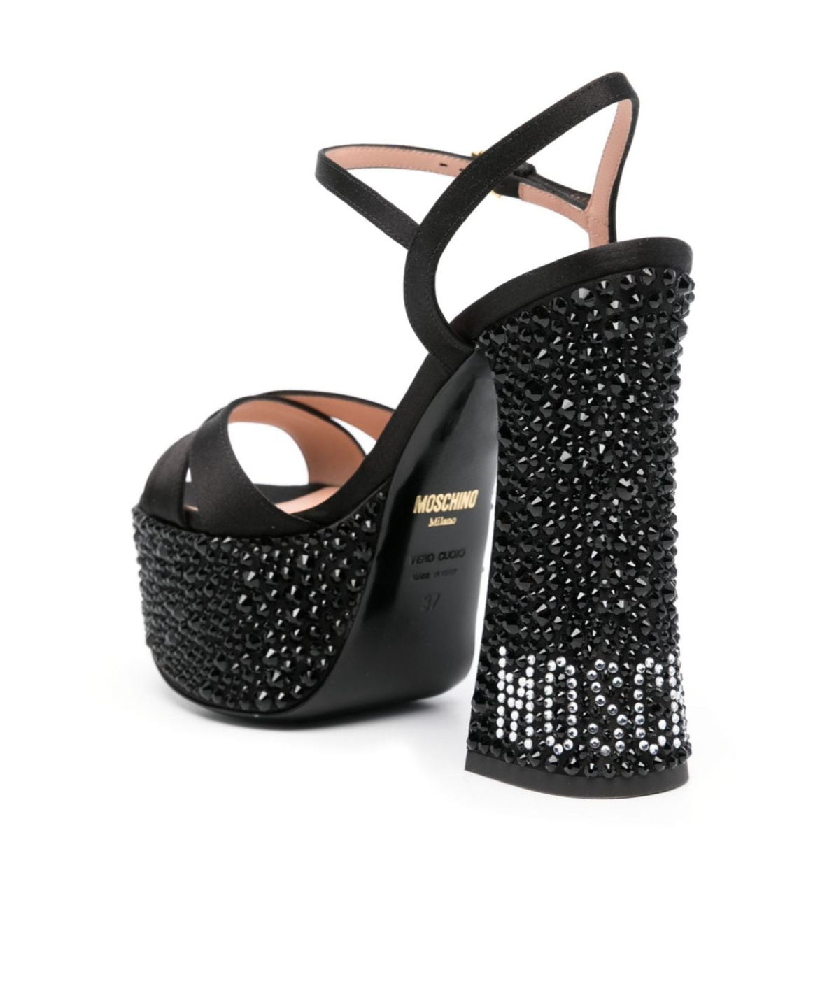 Moschino Crystal Embellished Block Heel Sandals In Black