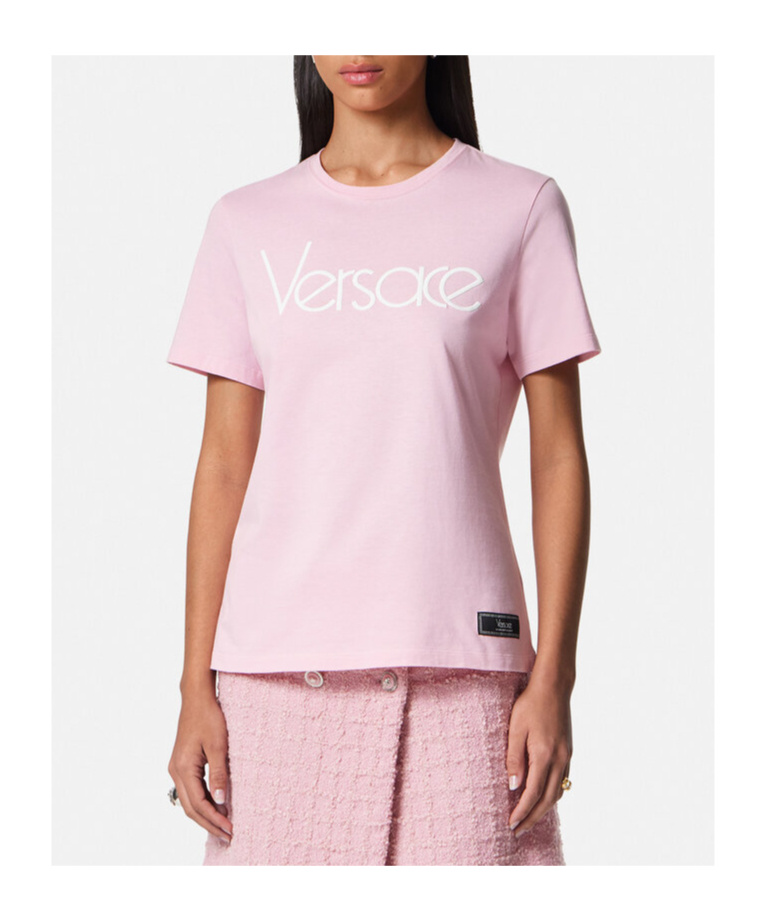Versace Logo-embroidered Short-sleeved T-shirt In Pink