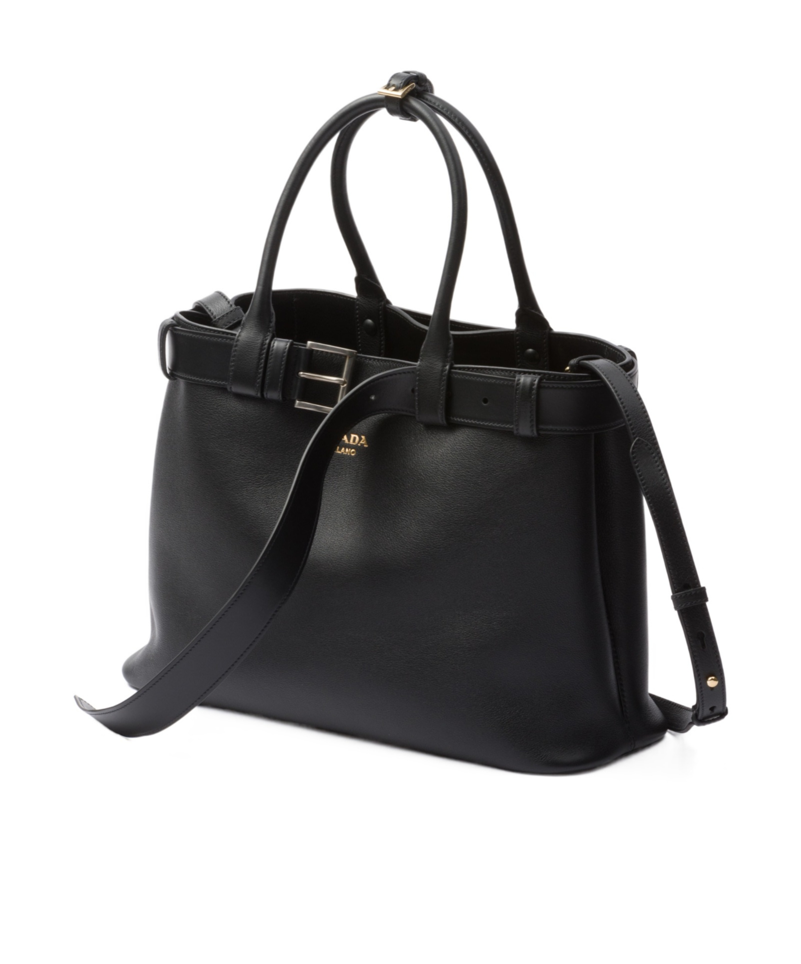Prada Buckle Large Leather Handbag With Belt In Black