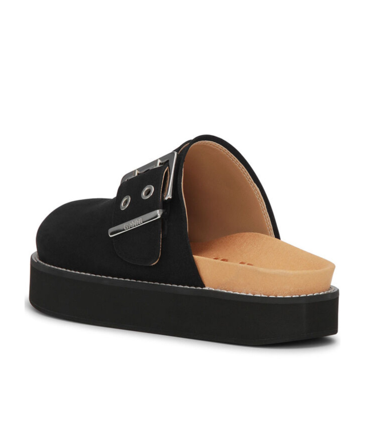 Shop Ganni Black Suede Feminine Buckle Mules