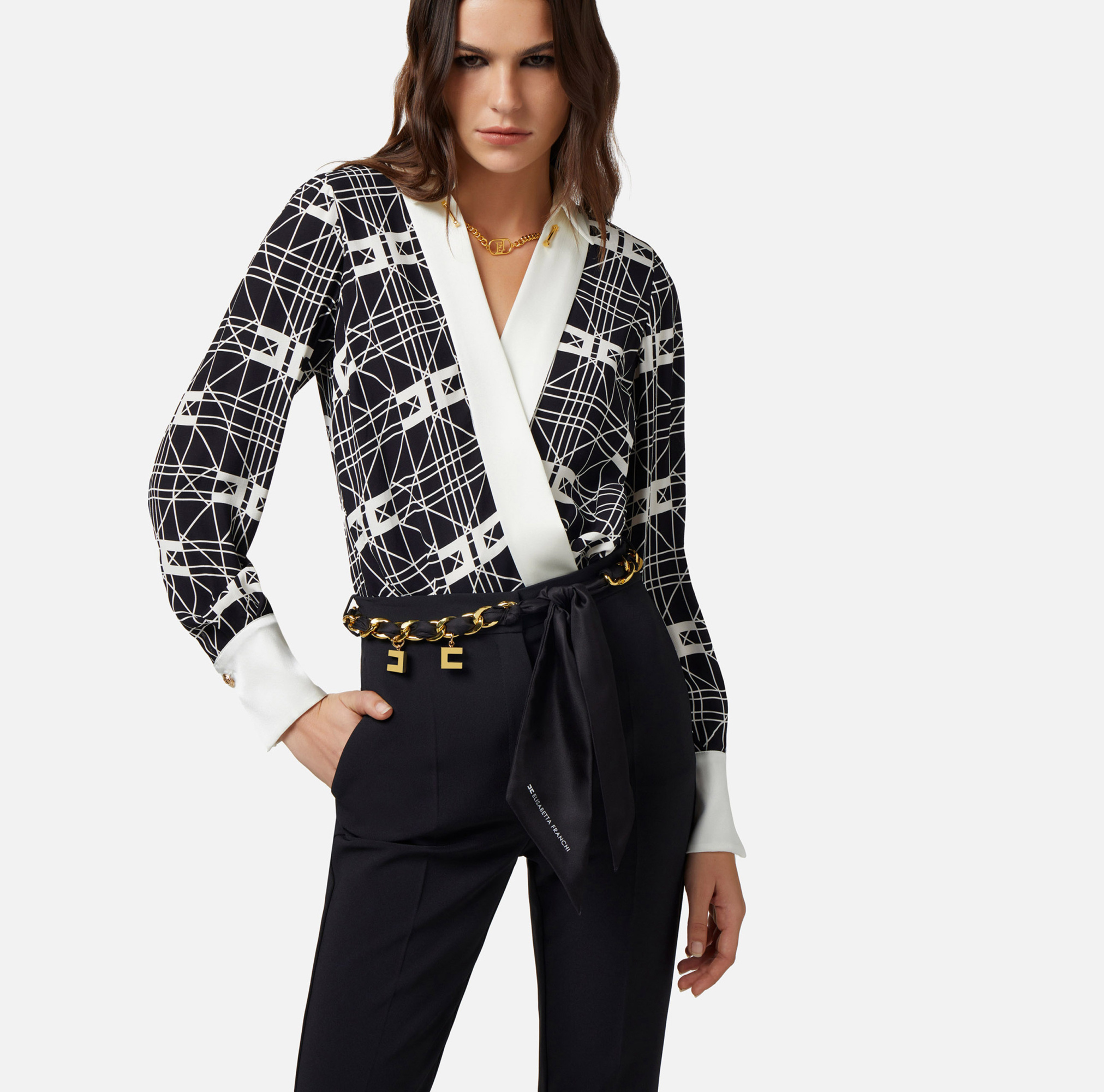 Elisabetta Franchi Wrap V-neck Geometric Long Sleeve Shirt In Black