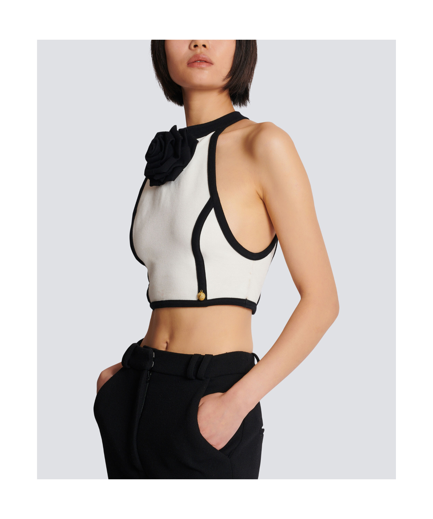 Balmain Rose-appliqué Halterneck Top In Black