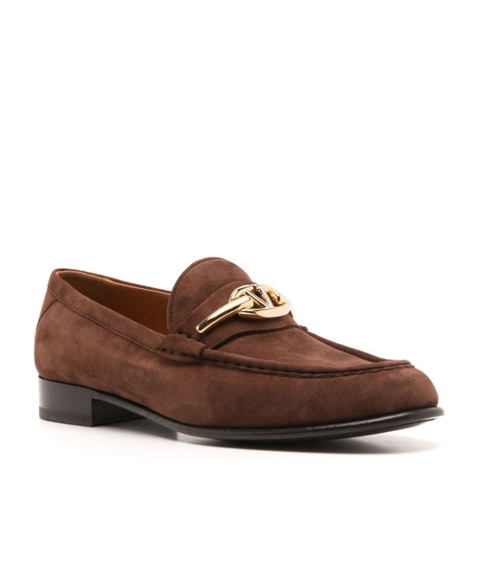 Valentino Vlogo Gate Embellished Suede Loafers In Brown